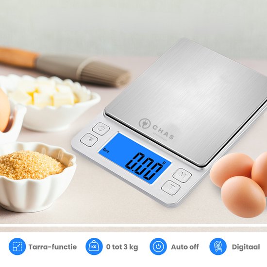 CHAS Keukenweegschaal - Precisie Weegschaal - Keukenweegschaal Digitaal - Weegschaal Keuken - Inclusief Batterijen - RVS - Max 3kg , 0.1g Nauwkeurig