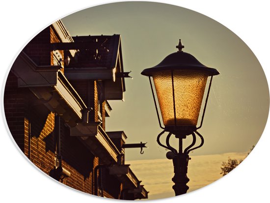 PVC Schuimplaat Ovaal - Huis - Lantaarnpaal - Licht - Geel - 40x30 cm Foto op Ovaal (Met Ophangsysteem)