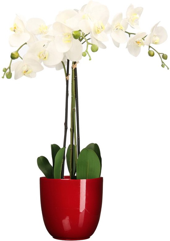 Orchidee kunstplant wit - 75 cm - inclusief bloempot rood glans - Kunstbloemen in pot