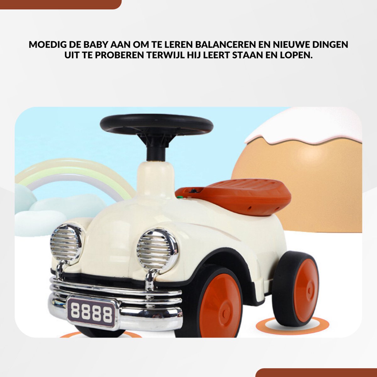 Buxibo Retro Loopauto | Loopwagen voor Jongens & Meisjes | 1-3 jaar | Veilig | Stimuleert Motorische Vaardigheden | Bruin/Wit - 58x29x38cm — afbeelding 4