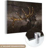 Glasschilderij hert - Dieren - Goud - Gewei - Luxe - Foto op glas - Wanddecoratie glas - Woondecoratie - 120x80 cm - Schilderij zwart wit - Slaapkamer - Glasplaat