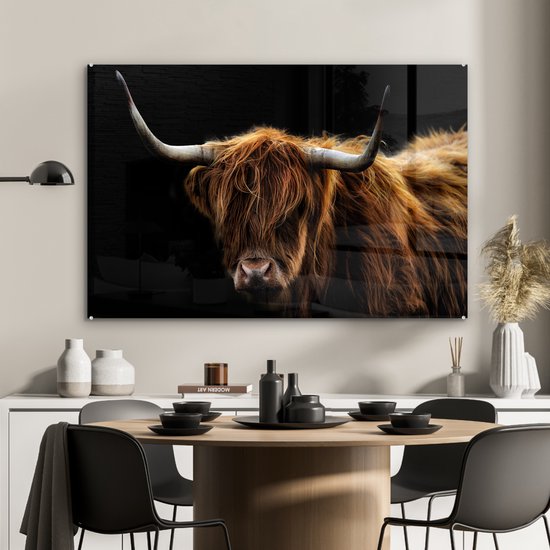 Peinture sur verre Highlander écossais - Cornes - Zwart - Animaux - Vache - Salon - 120x80 cm - Photo sur verre - Décoration murale verre - Décoration chambre - Plaque de verre - Décoration murale