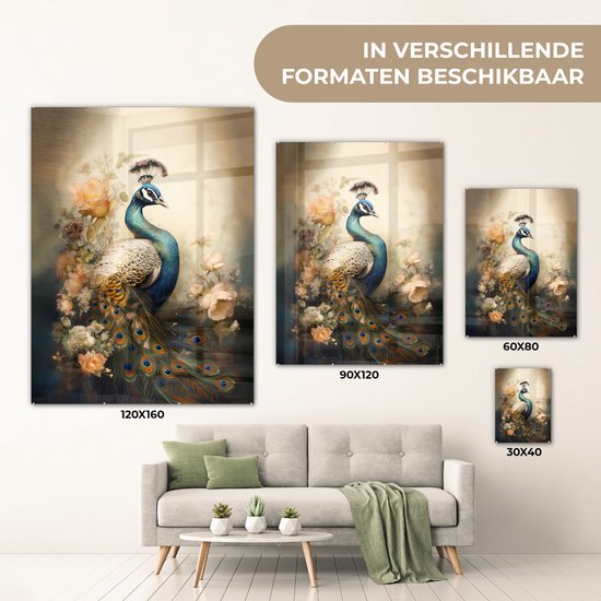 MuchoWow® Peinture sur verre - Paon - Plumes de paon - Fleurs - Vogels - Botanique - 60x80 cm - Peintures sur verre acrylique - Photo sur Glas