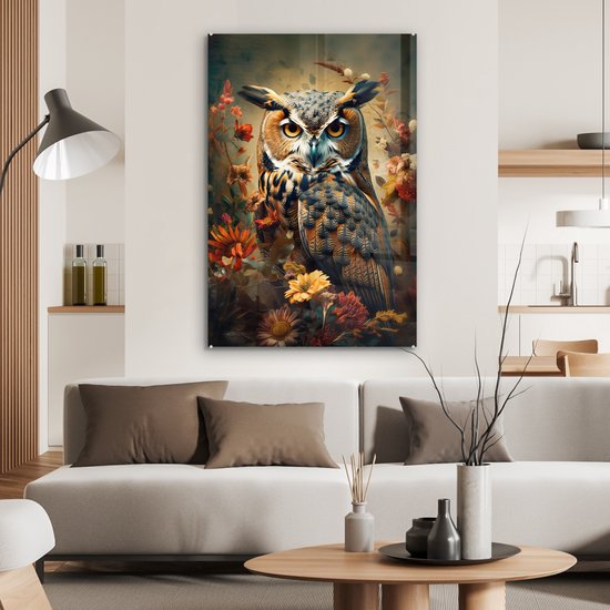 MuchoWow® Peinture sur verre 80x120 cm - Peinture sur verre acrylique - Hibou - Vogel - Fleurs - Plantes - Botanique - Photo sur verre - Peintures