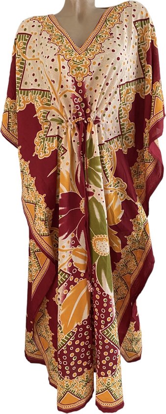 Foto: Kaftan jurk 130cm lang bloemenprint met aantrekkoord one size beige rood geel