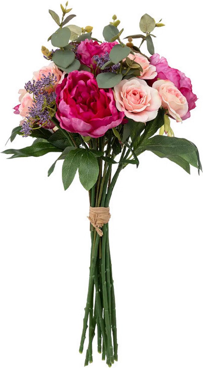 Atmosphera Kunstbloemen boeket - H53 cm - roze/groen/paars - rozen - bloemstuk