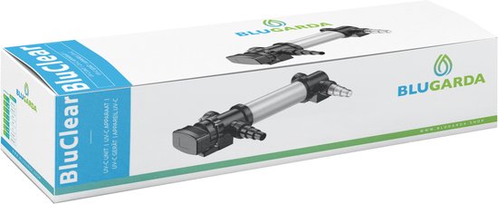 Doos van het BluGarda BluClear UV-c apparaat met een afbeelding van het apparaat erop.