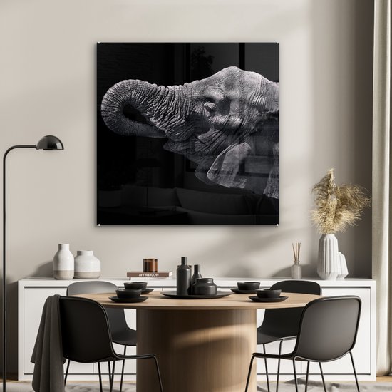 MuchoWow® Peinture sur verre 90x90 cm - Peinture sur verre - Éléphant - Animaux - Zwart - Nature - Photo sur verre acrylique - Peintures