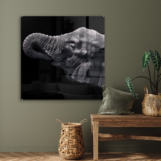 MuchoWow® Peinture sur verre 90x90 cm - Peinture sur verre - Éléphant - Animaux - Zwart - Nature - Photo sur verre acrylique - Peintures