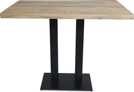 Table bar Palermo avec plateau en bois de manguier de 160 x 80 cm laqué couleur naturelle et 2 pieds noirs sur plaque de base.