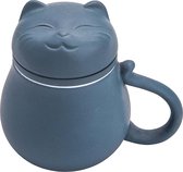 thee mok met thee zeef en deksel, 35 ml, Thee Mok met schattige kat ontwerp, filter voor het weken losse blad, cadeau voor vakantie, verjaardag, warm huis (blauw)
