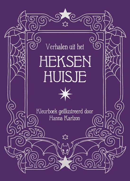 Paars kleurboek met de titel 'Verhalen uit het Heksen Huisje'. Decoratief frame met vleermuizen, spinnenwebben en sterren.