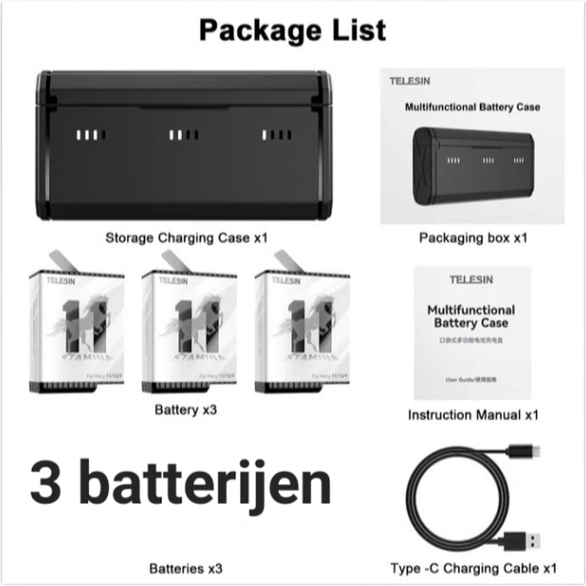 Multifunctional Battery Case - 3 ACU - GoPRO 11 10 9 -Telesin - 3 Batterij - 3 batteries - Endurence Accu Voor Gopro 11 10 9 - Fast charging - Stamina Battery - Batterij- 3 Sleuven Tf Kaart- Batterij- Oplaaddoos Voor Gopro Hero