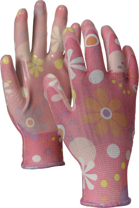 Twee roze tuinhandschoenen met veelkleurige bloemenprint, inclusief bloemen en stippen.