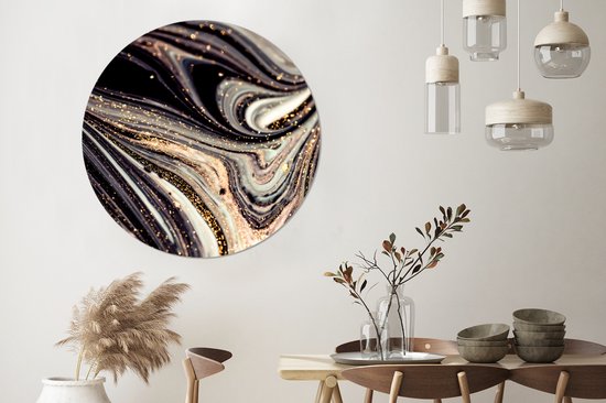 WallCircle - Stickers muraux - Cercle de papier peint - Aspect marbre - Zwart - Or - Wit - Glitter - Marbre - 120x120 cm - Cercle mural - Autocollant - Papier peint autocollant rond XXL