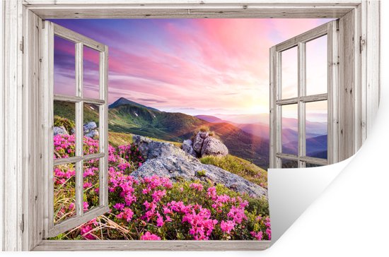 Muurstickers - Sticker Folie - Bergen - Landschap - Doorkijk - Bloemen - Avond - Roze - 120x80 cm - Plakfolie - Muurstickers Kinderkamer - Zelfklevend Behang - Zelfklevend behangpapier - Stickerfolie