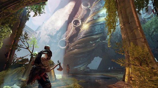 Kratos met strijdbijl staat voor gigantische gouden structuur, kind met boog in de verte.