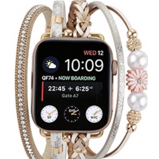 Applewatch -Bohemian flower style horlogebandje-38/40/41 mm leer en kralen