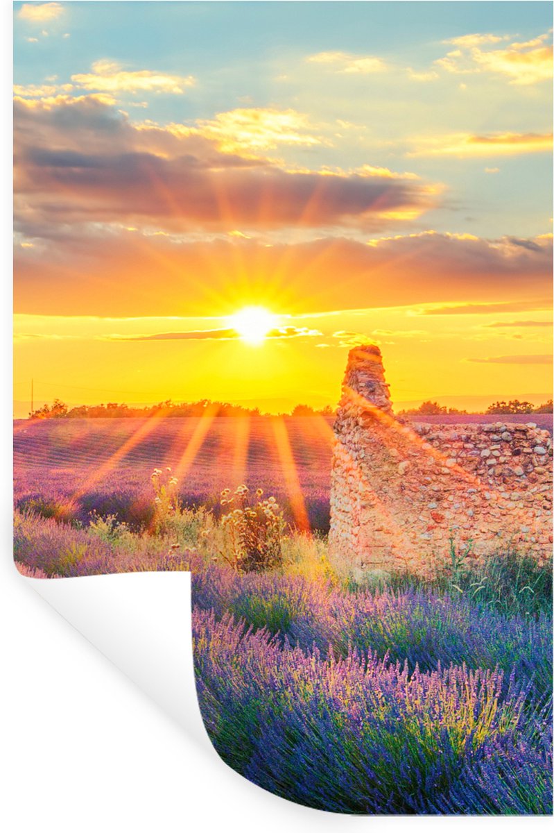 Muurstickers - Sticker Folie - Lavendel - Zonsondergang - Ruïne - Paars - 80x120 cm - Plak
