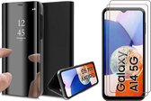 Hoesje geschikt voor Samsung Galaxy A14 - 2x Screen Protector GlassGuard - Book Case Spiegel Zwart & Screenprotector