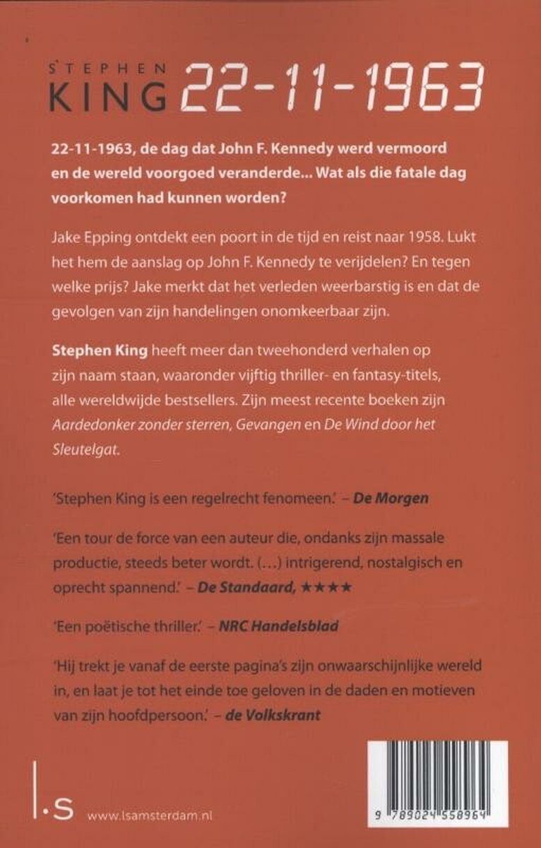 Achterkant van een boek met de titel '22-11-1963' en een synopsis.