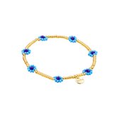 Armband - Biba - Bloemen - Flowers - Goudkleurig - Kralen - Elastisch - Blauw/Donkerblauw