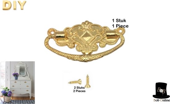 Bob Online ™ - 1 Stuk – Geel Goud Kleurig - Metalen Handvat + 2 x Schroeven – Meubelgreep - Accessoires voor Meubels – Meubel Handgreep – Hobby Handvat – Lade Handvat – Trekgrepen - Yellow Gold Zink Alloy Drawer / Wooden Box Handle – Decoupage