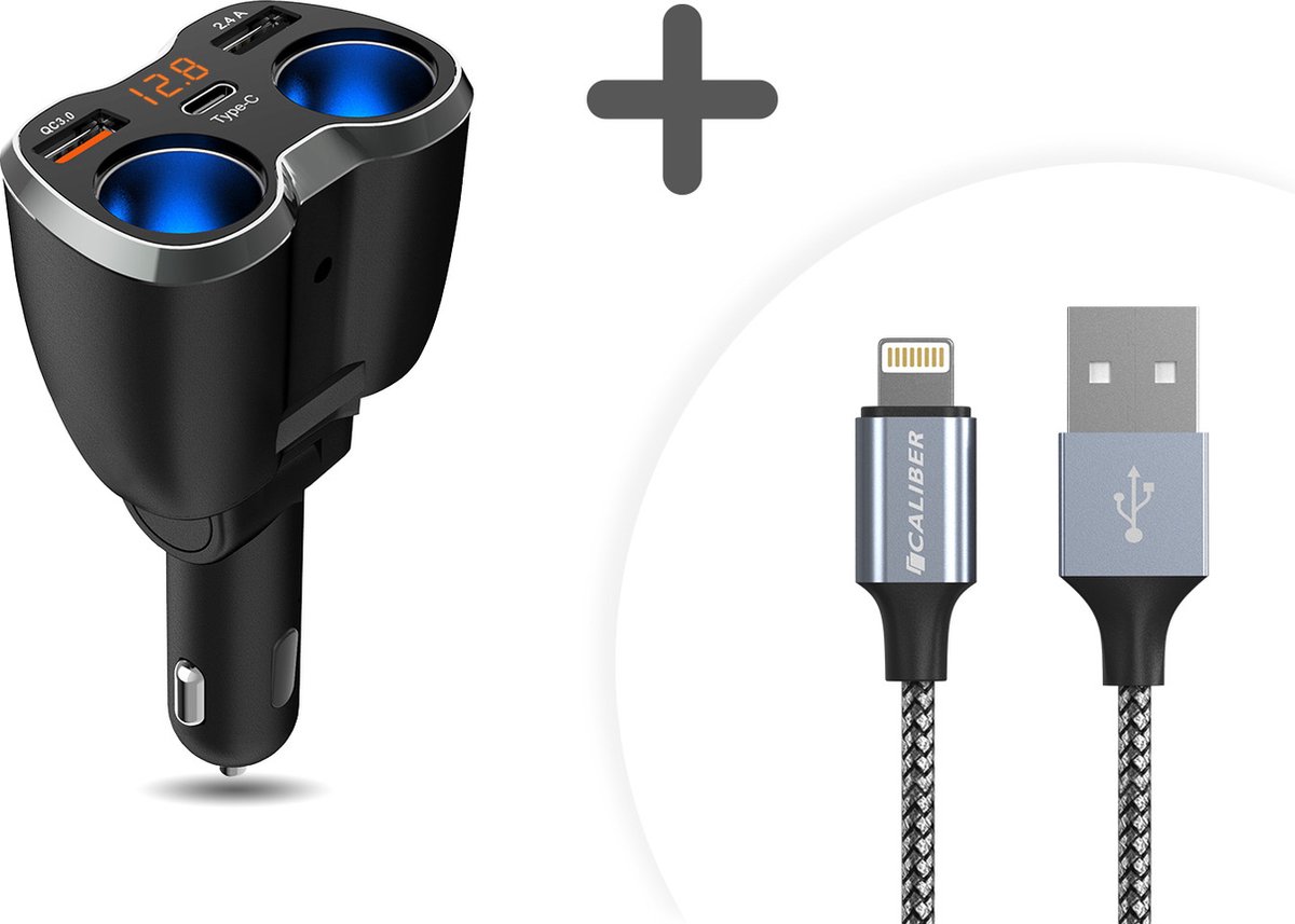 Caliber Autolader met kabel geschikt voor Apple iPhone - Sigarettenaansteker Splitter - 2x USB 1x USB-C 12/24 V - Snellader - Met Lightning naar USB kabel - 1 Meter - LED met spanningsmeter (PS23-UL)