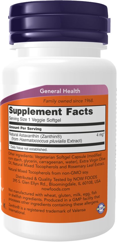 Supplement facts label voor Astaxanthine 4 mg, met ingrediënten en voedingswaarde.