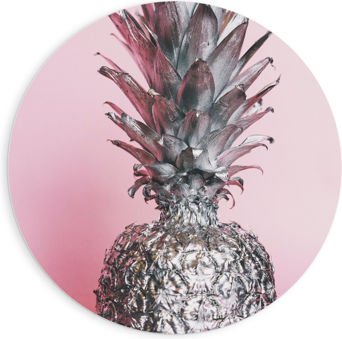 PVC Schuimplaat Muurcirkel - Zilveren Ananas met Roze Achtergrond - 90x90 cm Foto op Muurcirkel (met ophangsysteem)