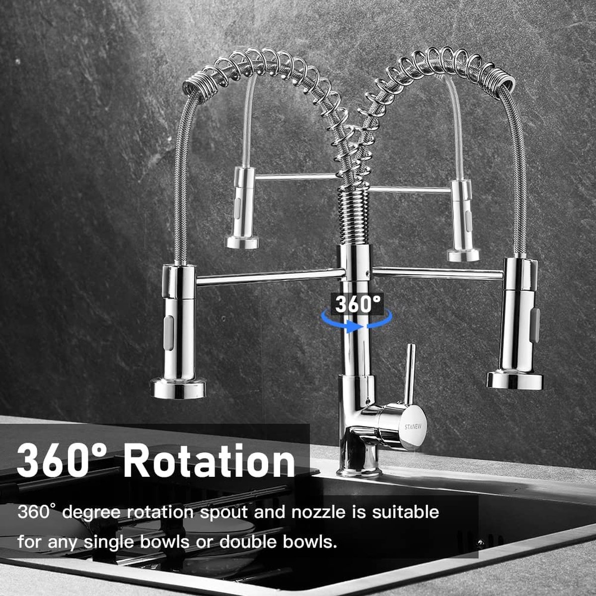 Robinet Cuisine Douchette STANEW,Mitigeur Cuisine Douchette Extractible  Rotatif à 360°, Robinet avec Douchette Extractible, 2 modes de  pulvérisation，Chrome