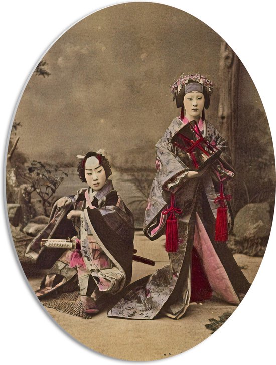 PVC Schuimplaat Ovaal - Kunst van Twee Vrouwen Chineze Klederdracht - 42x56 cm Foto op Ovaal (Met Ophangsysteem)