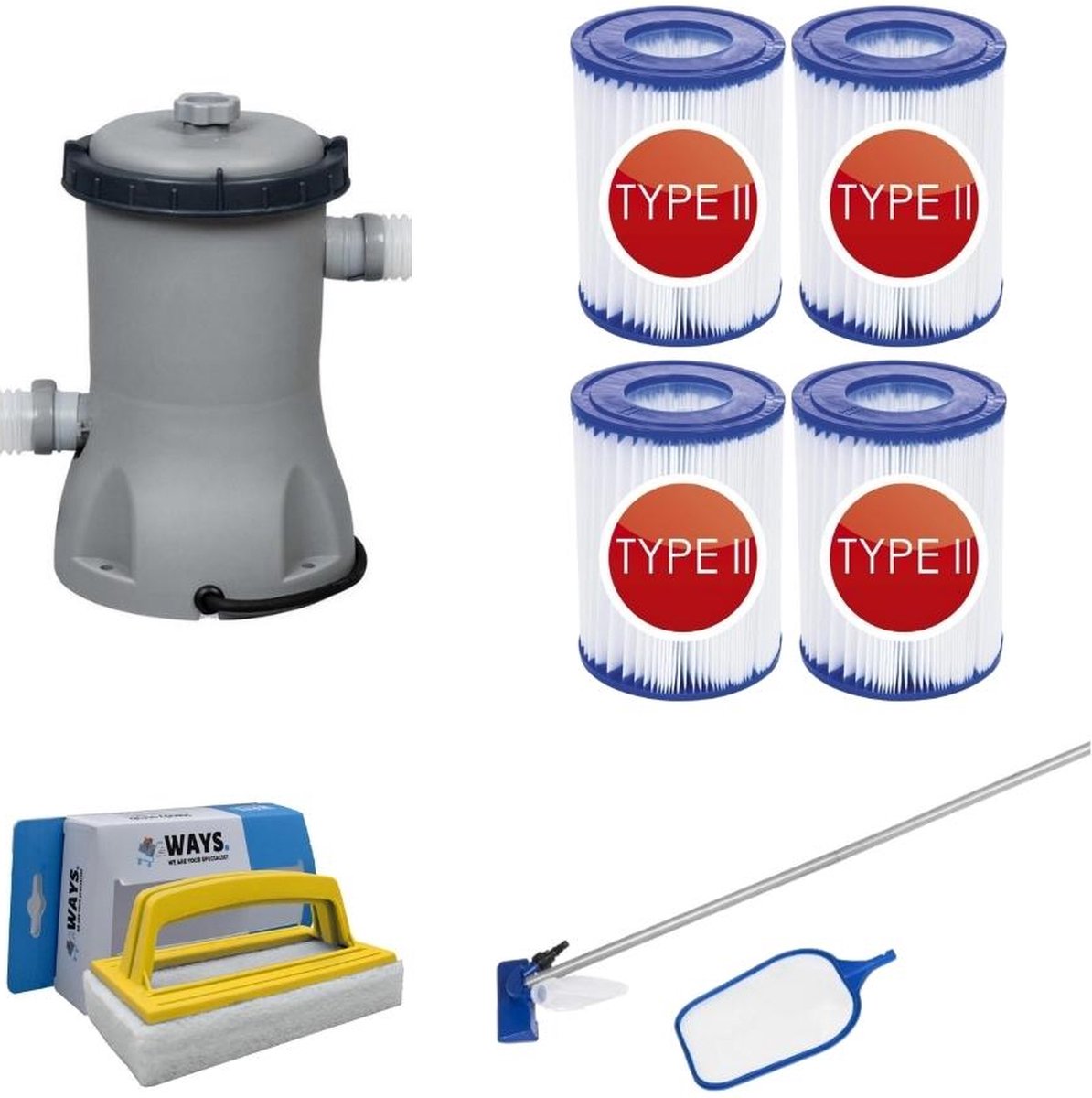 Bol.com Bestway - Zwembadstofzuiger AquaReach & Zandfilterpomp 3028 L/u & Filterbollen 1000 g & WAYS Scrubborstel aanbieding