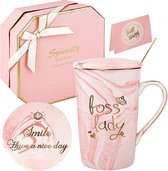 Boss Lady Cadeaus voor vrouwen Boss Lady Gifts Mok Boss Female Verjaardag Moederdagcadeaus Koffiemok 420 ml Marmer Keramiek Geschenkset (Pink Boss Lady)