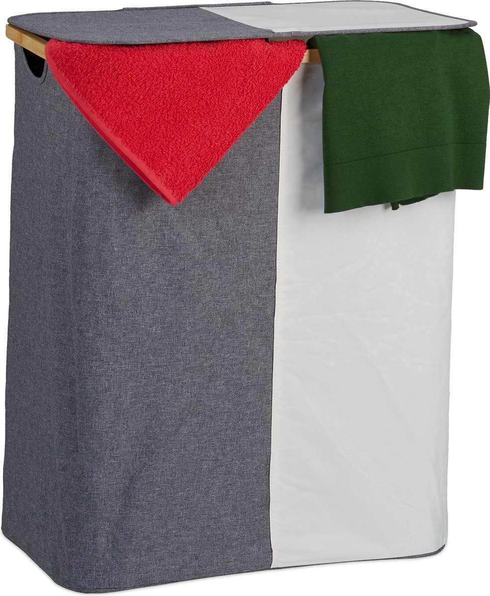 Goedkoopste dubbele wasmand met deksel - 110 l - 2 vakken - groot - stof - draagbaar - grijs-wit