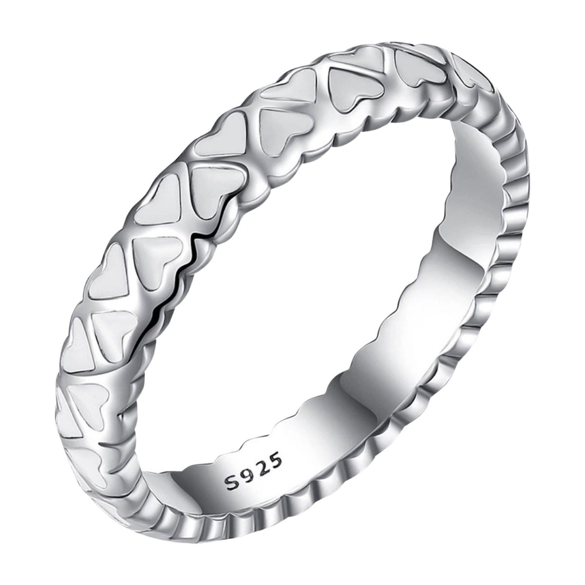 Tracelet - Zilveren Ringen - Ring hartjes wit - Emaille harten rondom - 925 Sterling Zilver - 925 Keurmerk Stempel - 925 Zilver Certificaat - In Leuke Cadeauverpakking