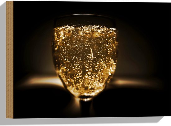 Hout - Vol Wijnglas Gevuld met Bubbels - 40x30 cm - 9 mm dik - Foto op