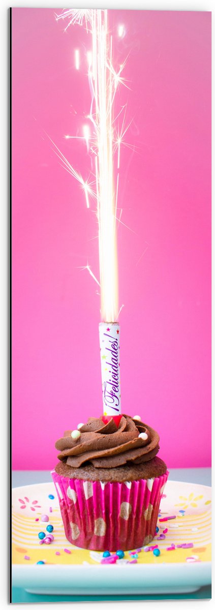 Dibond - Verjaardagscupcake met Chocolade Topping en Fontein - 30x90 cm Foto op Aluminium