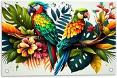 Tuinposter – Kleurrijk Tafereel van Papegaaien omringd door Bloemen en Planten - 60x40 cm Foto op Tuinposter (wanddecoratie voor buiten en binnen)