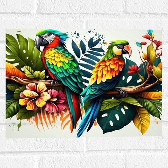Muursticker - Kleurrijk Tafereel van Papegaaien omringd door Bloemen en Planten - 40x30 cm Foto op Muursticker
