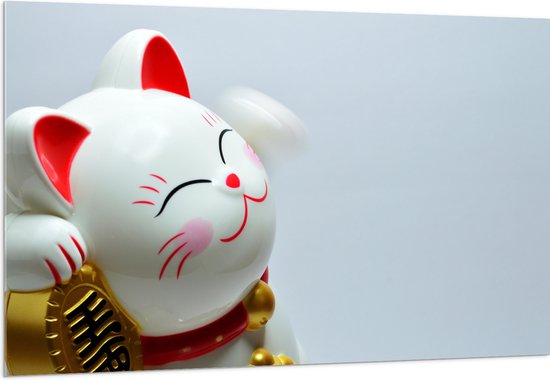 Acrylglas - Japans Maneki Neko Kattenbeeldje in het Rood met Wit en Goud - 150x100 cm Foto op Acrylglas (Met Ophangsysteem)