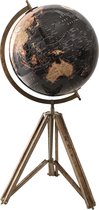 HAES DECO - Decoratieve Wereldbol met bruin houten standaard - formaat 31x67cm - kleuren Zwart / Geel / Bruin - Vintage Wereldbol, Globe, Aarbol