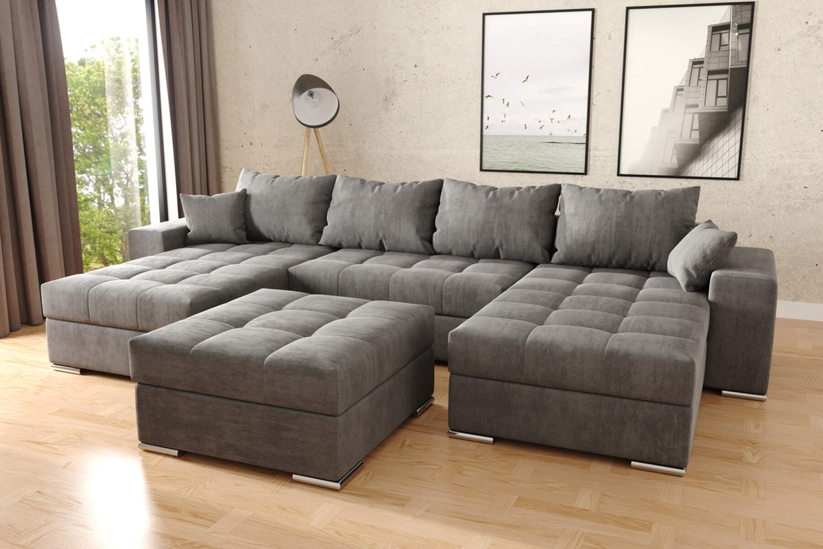 hoekbank Best + hocker / poef - structuur velvet- Hoeksalon wooneiland best- hoeksalon met opbergruimte en bedfunctie-