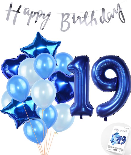 Snoes Ballonnen 19 Jaar Feestpakket – Versiering – Verjaardag Set Mason Blauw Cijferballon 19 Jaar - Heliumballon