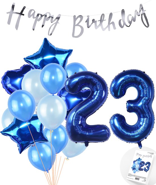 Snoes Ballonnen 23 Jaar Feestpakket – Versiering – Verjaardag Set Mason Blauw Cijferballon 23 Jaar - Heliumballon