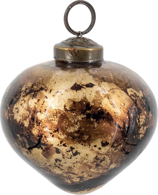 Balle de Noël marron en forme de cœur aspect marbre avec accents dorés, capuchon métallique et anneau.