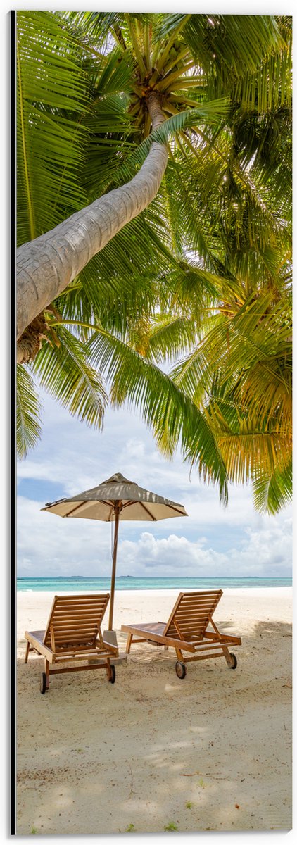 Dibond - Schuingroeiende Palmboom boven Ligbedden en Parasol op het Strand - 20x60 cm Foto