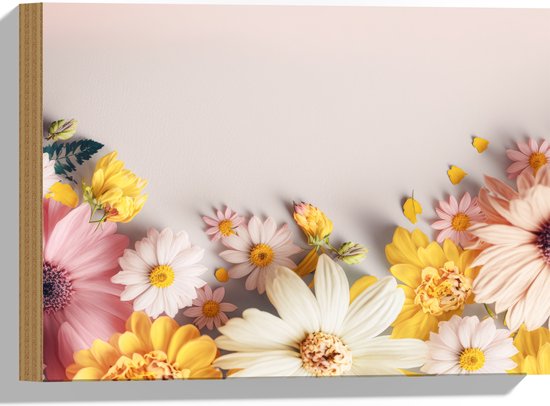 Hout - Roze, Gele en Witte Bloemen op Beige Achtergrond - 40x30 cm - 9 mm dik - Foto op Hout (Met Ophangsysteem)