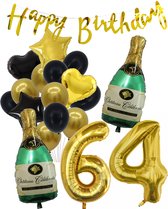 64 Jaar Verjaardag Cijferballon 64 - Feestpakket Snoes Ballonnen Pop The Bottles - Zwart Goud Groen Versiering