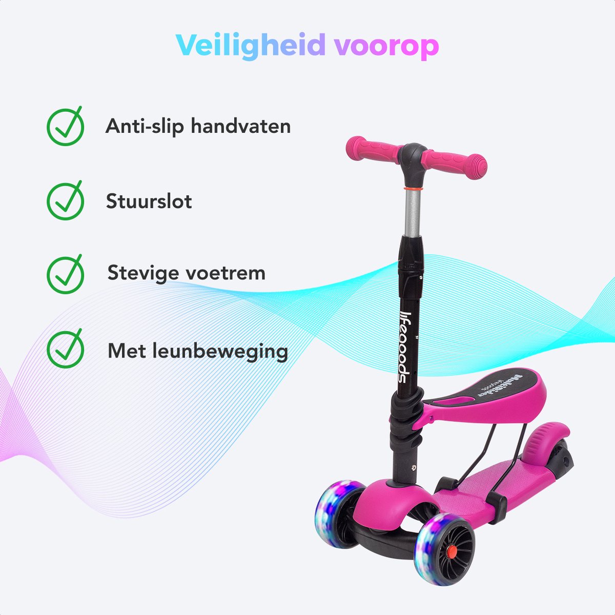 LifeGoods MultiRider Kinderstep - Step 3-8 Jaar - Hoogte Verstelbaar Zitje - Lichtgevende LED Wielen - Jongens/Meisjes - Roze — afbeelding 7